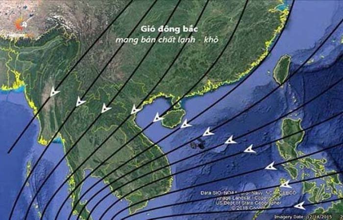 Gió mùa Đông Bắc là gió thổi từ lục địa châu Á về phía vùng biển nhiệt đới