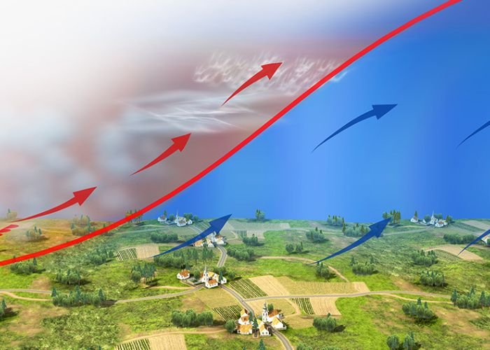 Khi một khối khí lạnh di chuyển đến và đẩy khối khí nóng ẩm lên cao, một dải mây dông sẽ hình thành